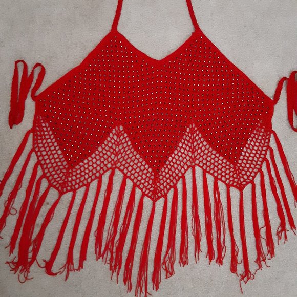2/$10 🧺Red Rhinestone Fringed Halter Top - Picture 2 of 7
